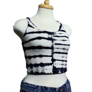 Women's Black and White Tie Dye Stretchy Sleeveless Crew Neck Crop-top